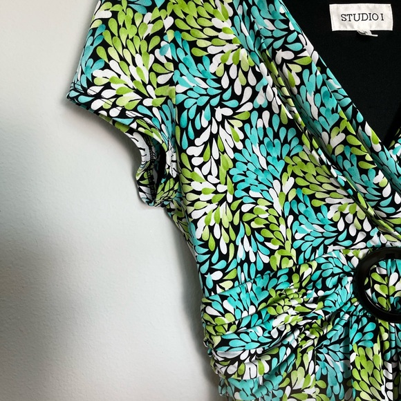 Studio I Green and Blue Leaf Print Cap Sleeve Dress Spring Office Flowy Sz 16 - Picture 5 of 11